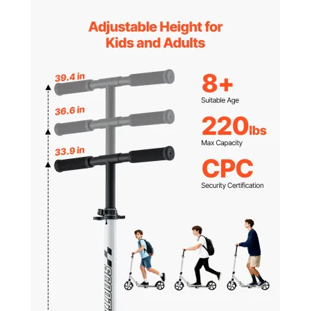 VEVOR Kick Scooter for Kids Ages 8+, Teens & Adults, 2-Wheel Toddler Scooter with Adjustable Height Handlebar, Wide Anti-Slip De