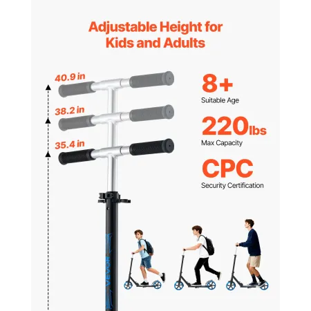 Kick Scooter for Kids Ages 8+, Teens & Adults, 2-Wheel Toddler Scooter with Adjustable Height Handlebar, Wide Anti-Slip Deck, Fo