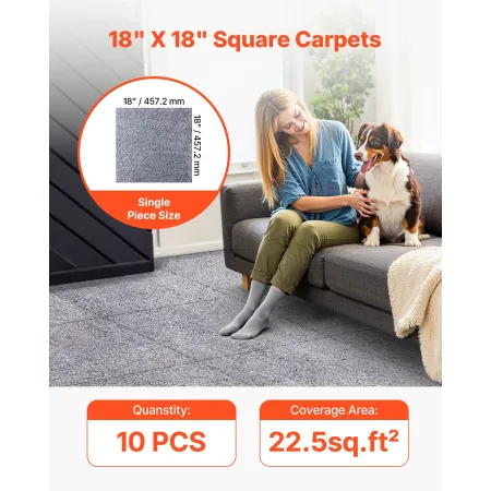 VEVOR Carpet Tiles 457x457 mm, 10 Pack Carpet Square Rug Detachable & Damage-free, Self Adhesive Home Floor Soft Plush Padded fo