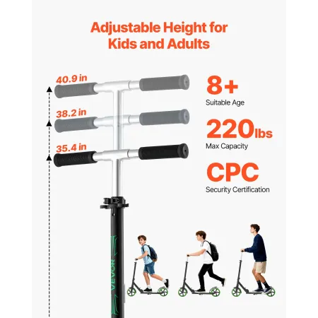 VEVOR Kick Scooter for Kids Ages 8+, Teens & Adults, 2-Wheel Toddler Scooter with Adjustable Height Handlebar, Wide Anti-Slip De