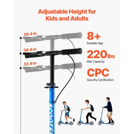 VEVOR Kick Scooter for Kids Ages 8+, Teens & Adults, 2-Wheel Toddler Scooter with Height Adjustable Handlebar, Wide Anti-Slip De
