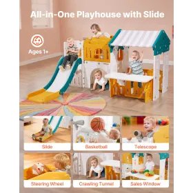 Outdoor Playhouse, Versatile Toddler Playground with Slide, Basketball, Telescope, Steering Wheel, Crawling Tunnel, Sales Window