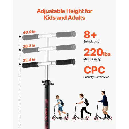 VEVOR Kick Scooter for Kids Ages 8+, Teens & Adults, 2-Wheel Toddler Scooter with Adjustable Height Handlebar, Wide Anti-Slip De