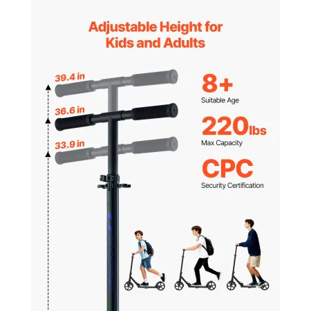 VEVOR Kick Scooter for Kids Ages 8+, Teens & Adults, 2-Wheel Toddler Scooter with Adjustable Height Handlebar, Wide Anti-Slip De