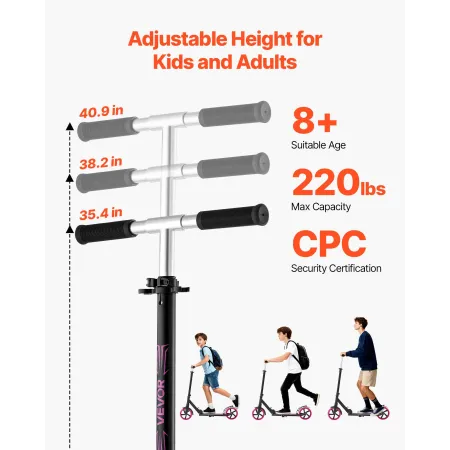 VEVOR Kick Scooter for Kids Ages 8+, Teens & Adults, 2-Wheel Toddler Scooter with Adjustable Height Handlebar, Wide Anti-Slip De