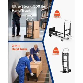 VEVOR 2 in 1 Folding Hand Truck, 226.9 kg Load Capacity for 4-Wheel Mode, Convertible Hand Truck Dolly with Wheels & Adjustable 