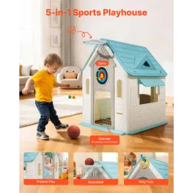 VEVOR udendørs legehus, 5-i-1 hyttelegehus med legehus, basketball, dart, fodbold, ringkast, vindue og praktisk