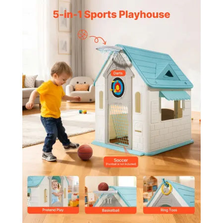 VEVOR Outdoor Playhouse, 5-In-1 Cottage Play House with Pretend Play, Basketball, Darts, Soccer, Ring Toss, Window & Convenient 
