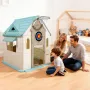 Outdoor Playhouse, 5-In-1 Cottage Play House with Pretend Play, Basketball, Darts, Soccer, Ring Toss, Window & Convenient Door, 