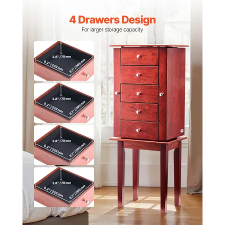 VEVOR Jewelry Cabinet Armoire, Standing Wood Jewelry Storage Chest with 4 Spacious Drawers, Flip Top Mirror, 4 Top Storage Compa