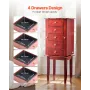 Jewelry Cabinet Armoire, Standing Wood Jewelry Storage Chest with 4 Spacious Drawers, Flip Top Mirror, 4 Top Storage Compartment