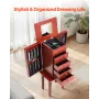 Jewelry Cabinet Armoire, Standing Wood Jewelry Storage Chest with 4 Spacious Drawers, Flip Top Mirror, 4 Top Storage Compartment