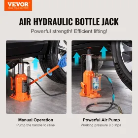 Air Hydraulic Bottle Jack, 20 Ton/40000 LBS All Welded Bottle Jack, 265 - 500 mm Lifting Range, Manual Handle and Air Pump, for