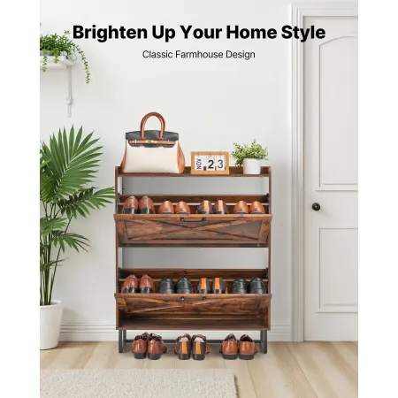 VEVOR Shoe Cabinet with 2 Flip Drawers, Farmhouse Shoes Storage Cabinet with Metal Legs and Anti-Tipping Device, Freestanding Sh