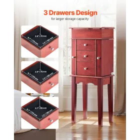 Jewelry Cabinet Armoire, Standing Wood Jewelry Storage Chest with 3 Drawers, Flip Top Mirror, 4 Top Storage Compartments, Zinc A