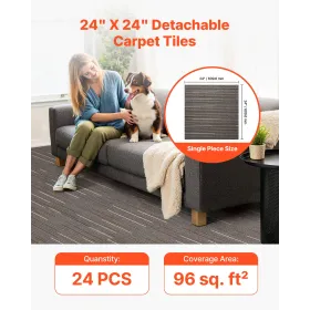 Carpet Tiles Reusable 610x610 mm, 24 PCS Modular Carpet Square Rug, Commercial Floor Soft Padded for Seamless Cover 8.9㎡,