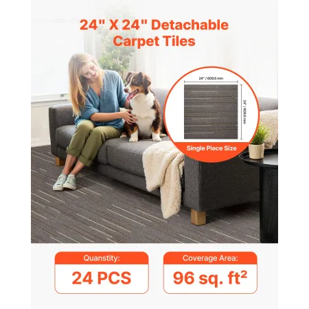 Carpet Tiles Reusable 610x610 mm, 24 PCS Modular Carpet Square Rug, Commercial Floor Soft Padded for Seamless Cover 8.9㎡,