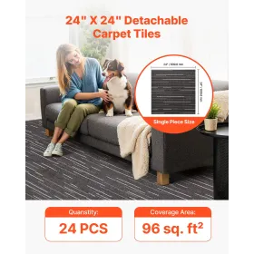 VEVOR Carpet Tiles Reusable 610x610 mm, 24 PCS Modular Carpet Square Rug, Commercial Floor Soft Padded for Seamless Cover 8.9㎡,