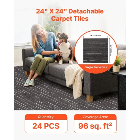 VEVOR Carpet Tiles Reusable 610x610 mm, 24 PCS Modular Carpet Square Rug, Commercial Floor Soft Padded for Seamless Cover 8.9㎡,