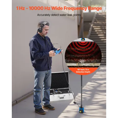 VEVOR Pipe Vandlækagedetektor til udendørs, 1Hz-10000Hz, LCD Touchscreen Lækagedetektor til 5m underjordisk VVS