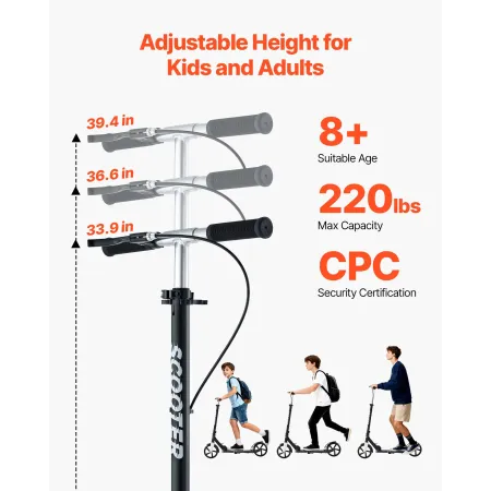 VEVOR Kick Scooter for Kids Ages 8+, Teens & Adults, 2-Wheel Toddler Scooter with Adjustable Height Handlebar, Wide Anti-Slip De