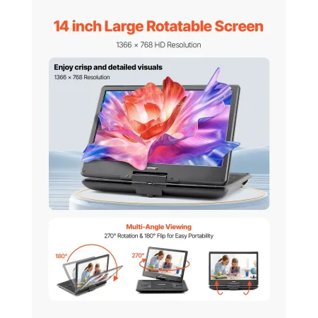 VEVOR Portable DVD Player, 14 inch HD Swivel Display Screen, 4.5-5 Hours Built-in Rechargeable Battery, Dual Speakers, Support S