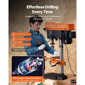 304.8 mm Benchtop Drill Press, 750W, 340-2200 RPM Variable Speed Bench Drill Press, with 0-45° Tilting Worktable, LED Work Light