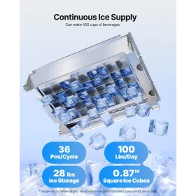 Commercial Ice Maker Machine, 45.36 kg/24h with 12.7kg Storage, 45 Cubes per Cycle, Stainless Steel Freestanding & Under Counter