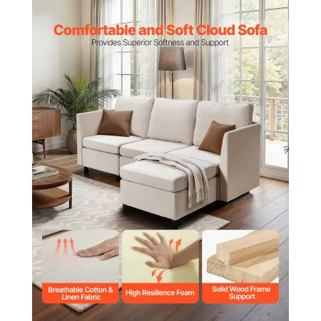 Modular Sectional Sofa, 3-Seater Modular Sofa with Hidden Storage, Cloud Sectional Couch with Ottoman & High Rebound Sponge, Sol