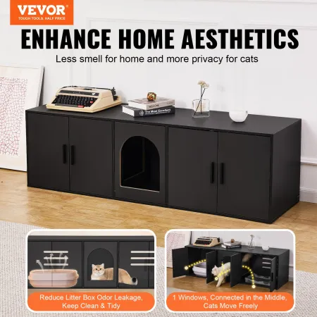 VEVOR Cat Litter Box Enclosure for 2 Cats, 147 cm Hidden Litter Furniture, Double Room Large Cat Washroom Cabinet, Indoor Wooden