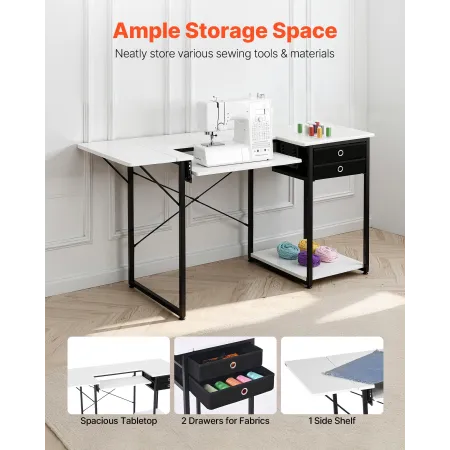 Sewing Table, Multipurpose Sewing Machine Table with Drawers, Foldable Side Shelf, Adjustable Shelf, Steel Legs, Computer Desk f