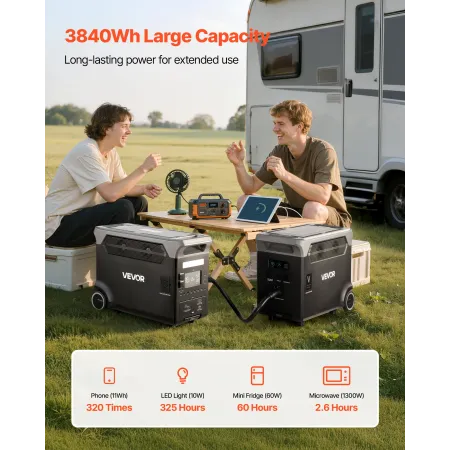 VEVOR ekstra batteri til bærbar kraftstation, 3840Wh LiFePO4 ekstra udvidelsesbatteri med 3 udgangsporte til hjemmebrug,