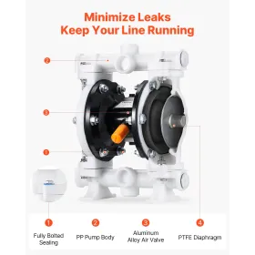 VEVOR Air Operated Double Diaphragm Pump, 17 L/min Max, Standard Inlet & Outlet Air Pneumatic Waste Oil Transfer Pump, Polypropy