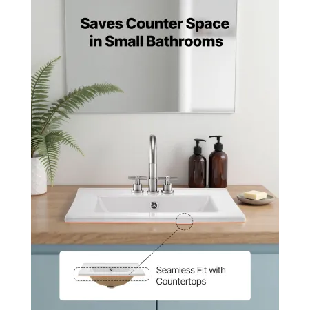 VEVOR Semi forsænket badeværelsesvask, 510 x 465 mm rektangulær hvid keramisk karvask med overløb og 3 vandhanehuller, drop-in