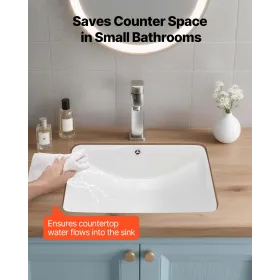 VEVOR Undermount Bathroom Sink, 530 x 375 mm Rectangular White Ceramic Vessel Sink with Overflow Hole, Under Counter Drop in Mod