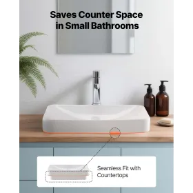 VEVOR Semi forsænket badeværelsesvask, 490 x 305 mm rektangulær hvid keramisk karvask med 45 mm drænhul, drop in moderne lava