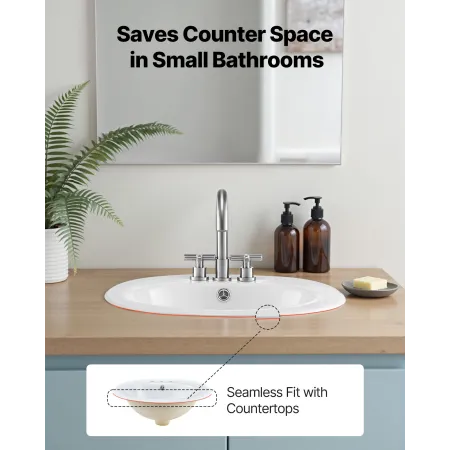 Semi Recessed Bathroom Sink, 485 x 425 mm Oval White Ceramic Vessel Sink with Overflow Hole and 3 Faucet Holes, Drop in Modern L