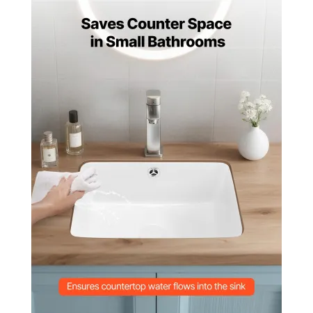 Undermount Bathroom Sink, 400 x 305 mm Rectangular White Ceramic Vessel Sink with Overflow Hole, Under Counter Drop in Modern La