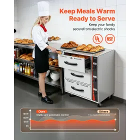 Commercial Electric Drawer Warmer, Three-Drawer Stainless Steel Food Warmer, Freestanding Standard Warming Drawer Cabinet, 30-85