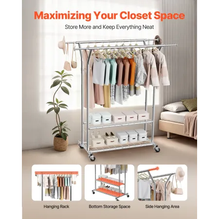 Clothes Rack, Rolling Clothing Garment Rack with 2 Hanging Rods and 2 Storage Shelves, 120 kg Load Capacity, Adjustable Height C