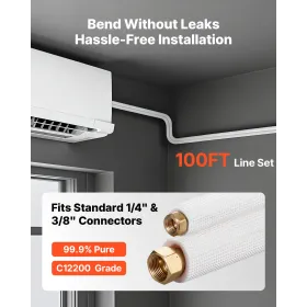 30.5m Mini Split Line Set, 6.4 & 9.5mm OD AC Copper Tubing Pipe, 3/8 White PE Thickened Insulated Coil with Flared Nuts, Strappi