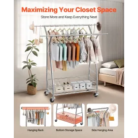VEVOR Clothes Rack, Rolling Clothing Garment Rack with 2 Hanging Rods and Storage Basket, 150 kg Load Capacity, Extendable Carbo