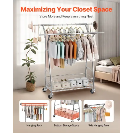 VEVOR Clothes Rack, Rolling Clothing Garment Rack with 2 Hanging Rods and Storage Basket, 150 kg Load Capacity, Extendable Carbo