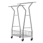 Clothes Rack, Rolling Clothing Garment Rack with 2 Hanging Rods and Storage Basket, 150 kg Load Capacity, Extendable Carbon Stee