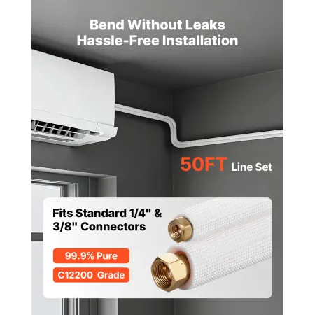 15.2m Mini Split Line Set, 6.4 & 9.5mm OD AC Copper Tubing Pipe, 3/8 White PE Thickened Insulated Coil with Flared Nuts, Rich Fi