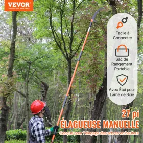 Manuel stangsav, 7,3-27 fod udtrækkelig træbeskærer, skarp stålklinge til beskæring af høje grene, manuel grentrimmer med