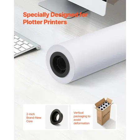 VEVOR Wide Format Paper, 609.6 mm x 45.7 m Plotter Roll, 8 Rolls CAD Bond Rolls with 50.8 mm Core, 80 GSM Plotter Roll Rolls, fo