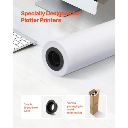 VEVOR Wide Format Paper, 609.6 mm x 45.7 m Plotter Roll, 2 Rolls CAD Bond Rolls with 50.8 mm Core, 80 GSM Plotter Roll Rolls, fo