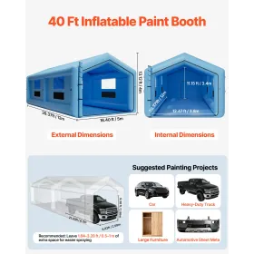 VEVOR Inflatable Paint Booth, 12 x 5 x 4 m, Inflatable Spray Booth with 950W+1100W Blowers and Air Filter System, Triangular Roo