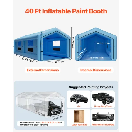 VEVOR Inflatable Paint Booth, 12 x 5 x 4 m, Inflatable Spray Booth with 950W+1100W Blowers and Air Filter System, Triangular Roo